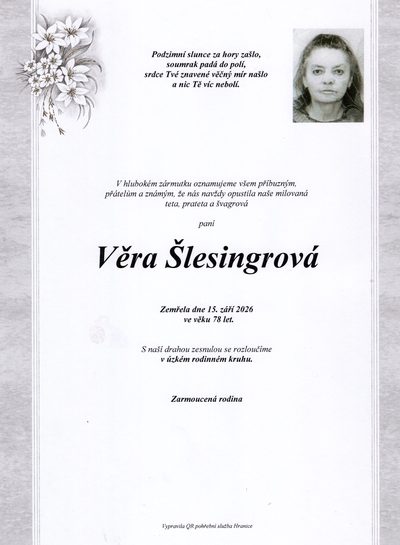 Smuteční oznámení – Věra Šlesingrová