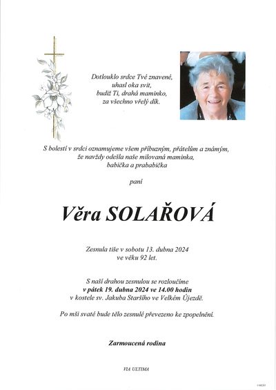 Smuteční oznámení – Věra Solařová