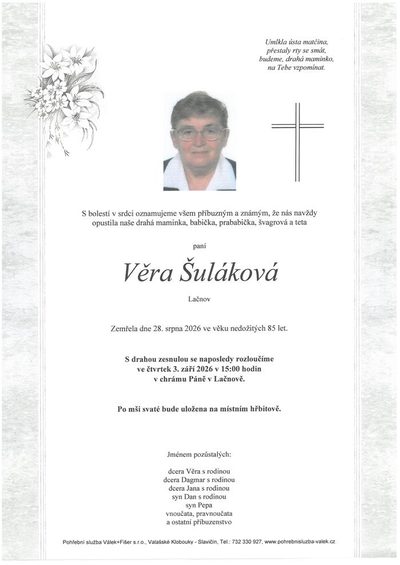 Smuteční oznámení – Věra Šuláková