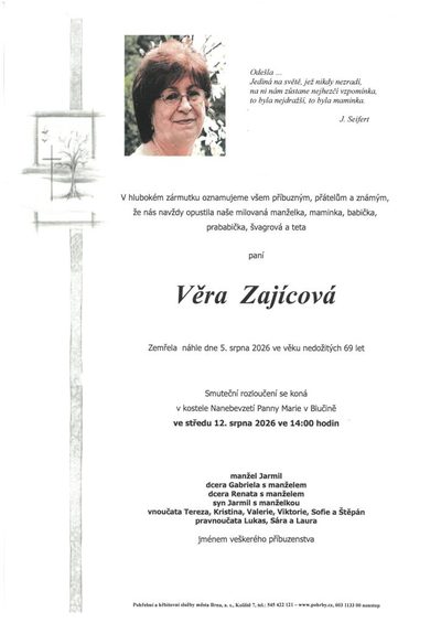 Smuteční oznámení – Věra Zajícová