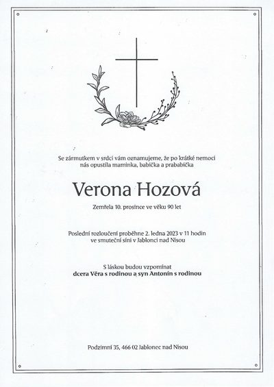 Smuteční oznámení – Verona Hozová