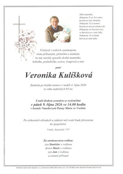 Smuteční oznámení – Veronika Kulíšková