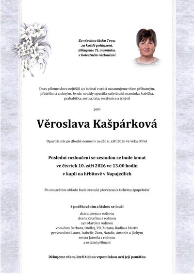 Smuteční oznámení – Věroslava Kašpárková