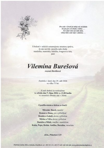Smuteční oznámení – Vilemína BUrešová