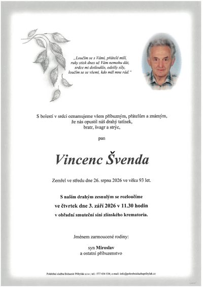 Smuteční oznámení – Vincenc Švenda
