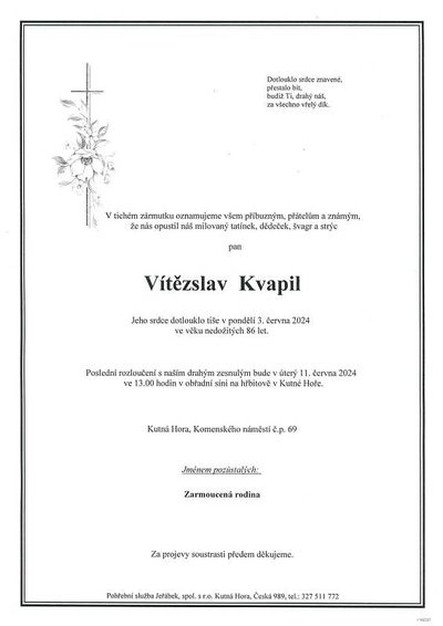 Smuteční oznámení – Vítězslav Kvapil