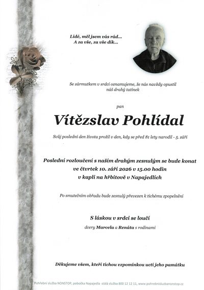 Smuteční oznámení – Vítězslav Pohlídal