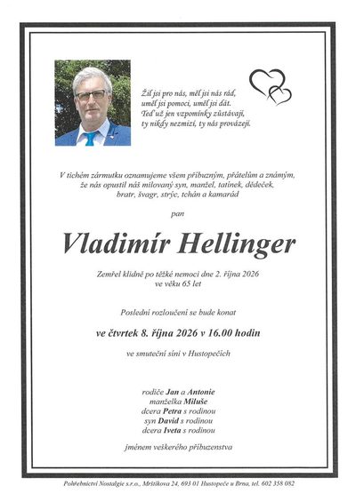 Smuteční oznámení – Vladimír Hellinger