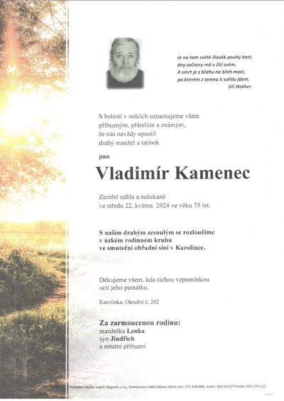 Smuteční oznámení – Vladimír Kamenec