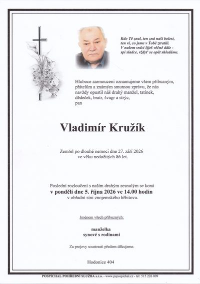 Smuteční oznámení – Vladimír Kružík