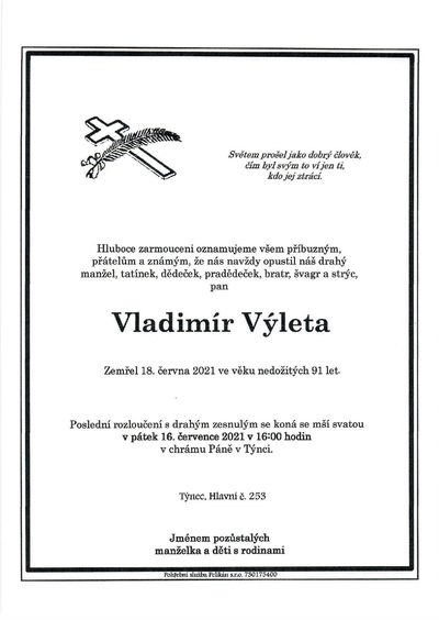 Smuteční oznámení – Vladimír Výleta