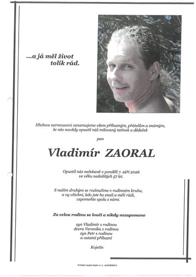 Smuteční oznámení – Vladimír Zaoral