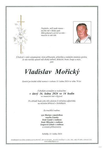 Smuteční oznámení – Vladislav Mořický