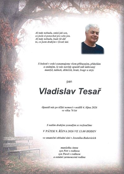 Smuteční oznámení – Vladislav Tesař