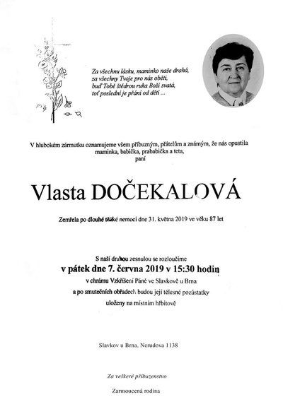 Smuteční oznámení – Vlasta Dočekalová