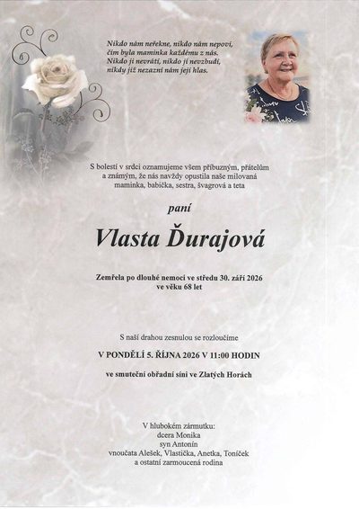 Smuteční oznámení – Vlasta Ďurajová