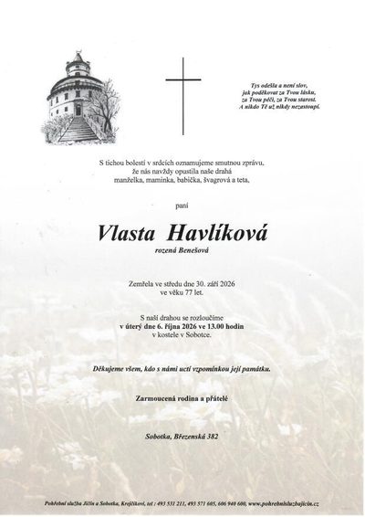 Smuteční oznámení – Vlasta havlikova-sobotka