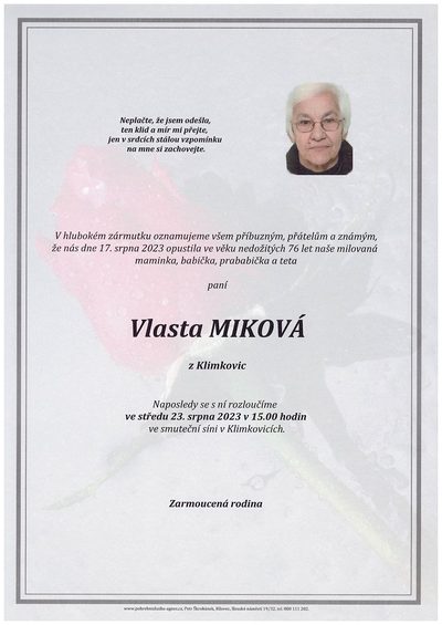 Smuteční oznámení – Vlasta Miková