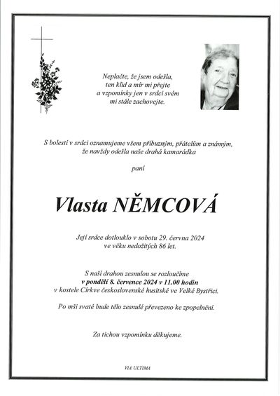 Smuteční oznámení – Vlasta Němcová