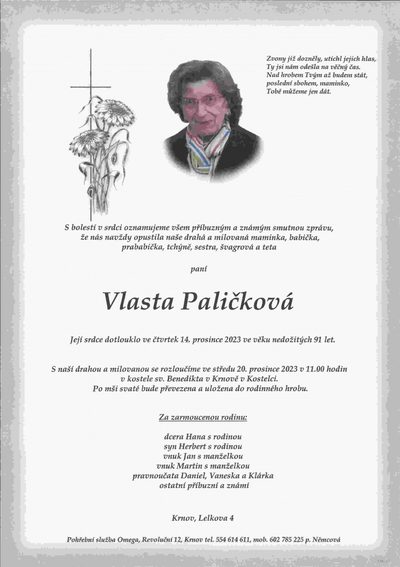 Smuteční oznámení – Vlasta Paličková