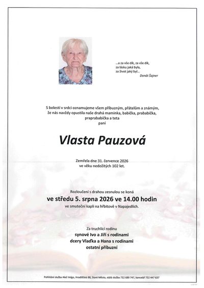 Smuteční oznámení – Vlasta Pauzová