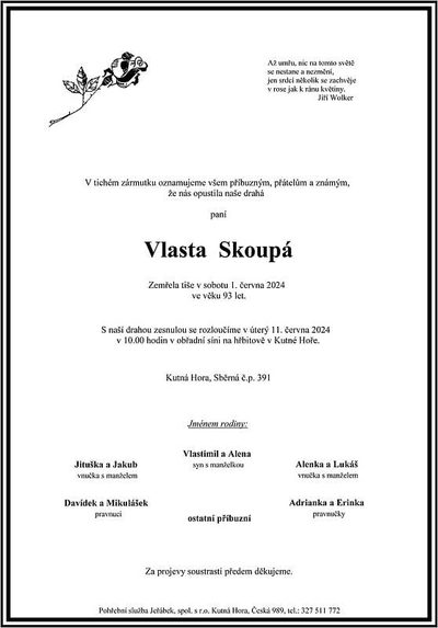 Smuteční oznámení – Vlasta Skoupá
