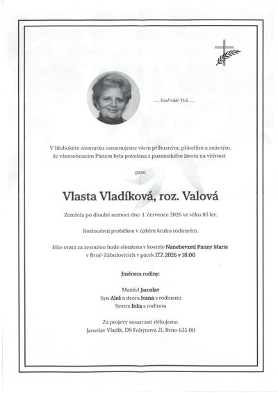 Smuteční oznámení – Vlasta Vladíková, roz.
