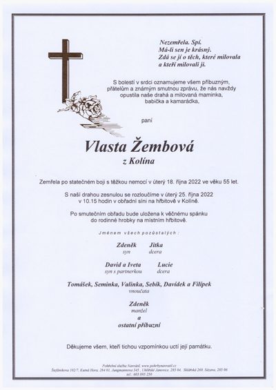 Smuteční oznámení – Vlasta Žembová