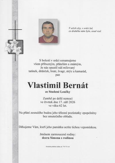 Smuteční oznámení – Vlastimil Bernát