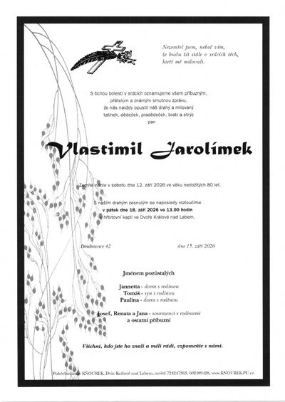 Smuteční oznámení – Vlastimil Jarolímek