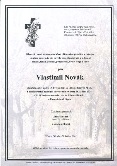 Smuteční oznámení – Vlastimil Novák