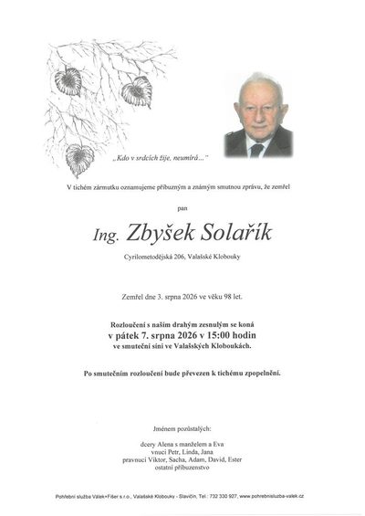 Smuteční oznámení – Ing. Zbyšek Solařík