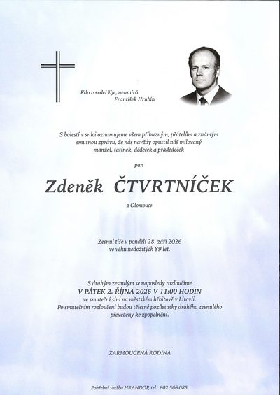 Smuteční oznámení – Zdeněk Čtvrtníček