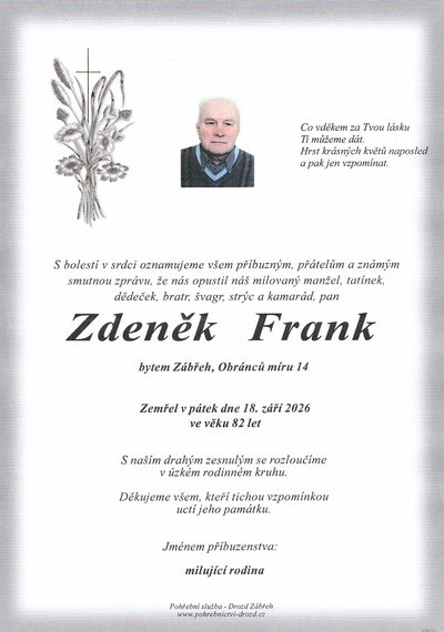 Smuteční oznámení – Zdenék Frank