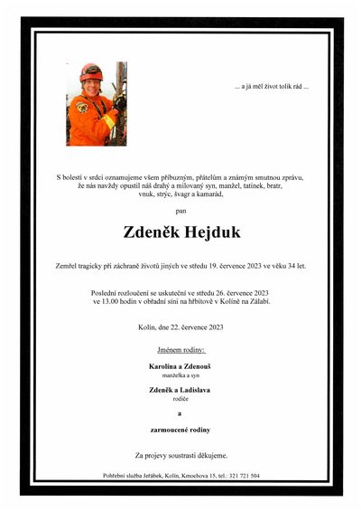 Smuteční oznámení – Zdeněk Hejduk