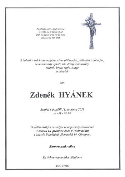 Smuteční oznámení – Zdeněk Hyánek