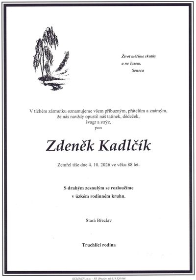 Smuteční oznámení – Zdeněk Kadlčík