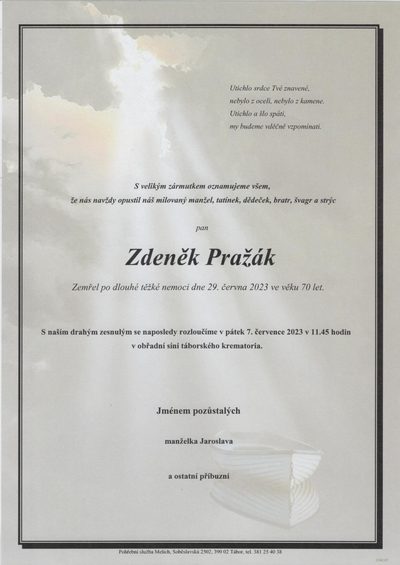 Smuteční oznámení – Zdeněk Pražák