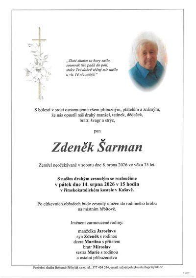 Smuteční oznámení – Zdeněk Šarman