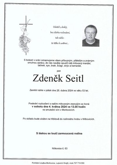 Smuteční oznámení – Zdenek Seitl