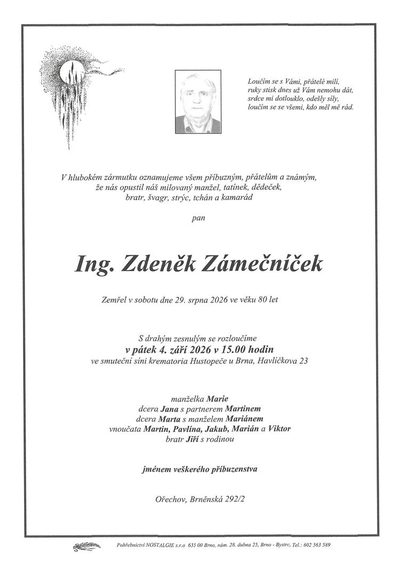 Smuteční oznámení – Ing. Zdeněk Zámečníček
