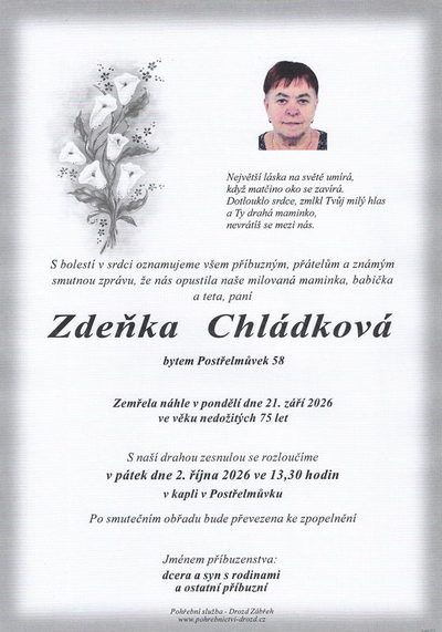 Smuteční oznámení – Zdeňka Chládková