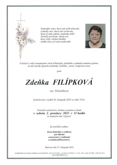 Smuteční oznámení – Zdeňka Filípková