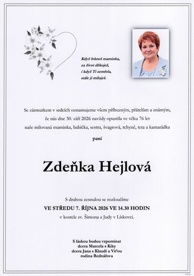 Smuteční oznámení – Zdeňka Hejlová