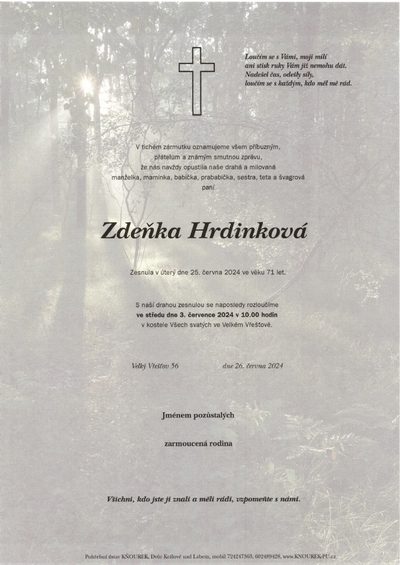 Smuteční oznámení – Zdeňka Hrdinková