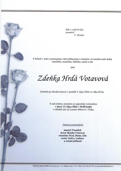 Smuteční oznámení – Zdeňka Jfrdá