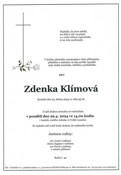 Smuteční oznámení – Zdenka Klímová
