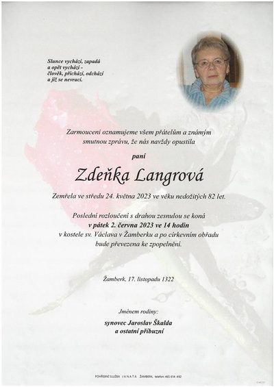 Smuteční oznámení – Zdeňka Langrová