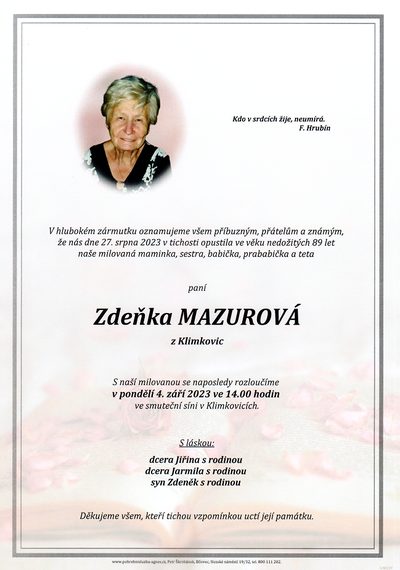 Smuteční oznámení – Zdeňka Mazurová