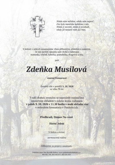 Smuteční oznámení – Zdeňka Musilová